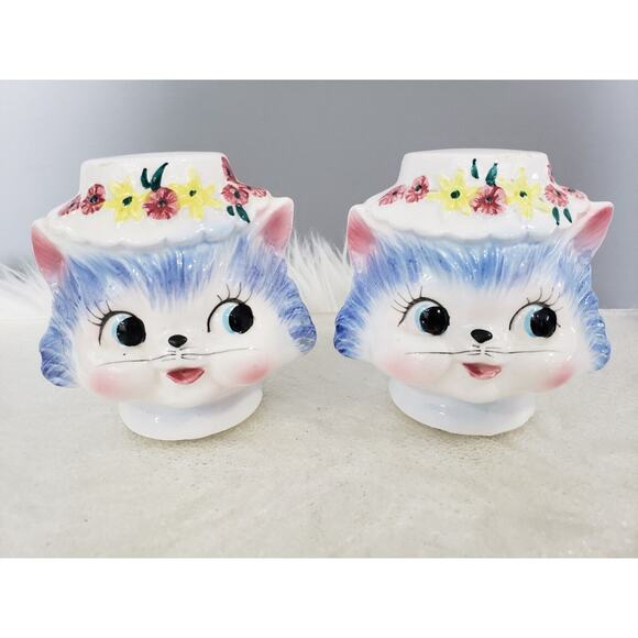 RARE Miniature Vintage 50s Miss Priss Coin Bank Lefton Japan Kitshy Cat Blue MCM